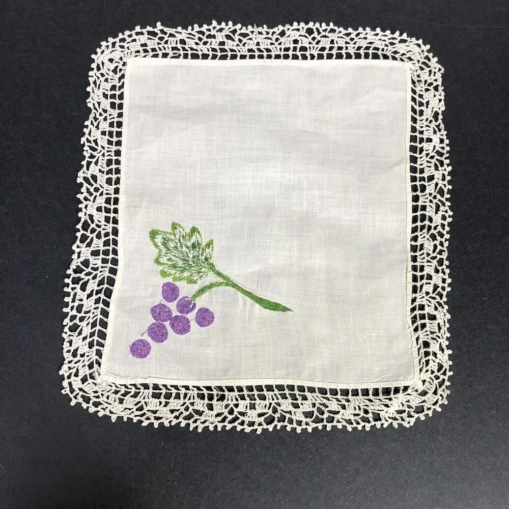 Vintage Small Table Topper Linens Square Purple Grapes Red Flowers Crochet Edge